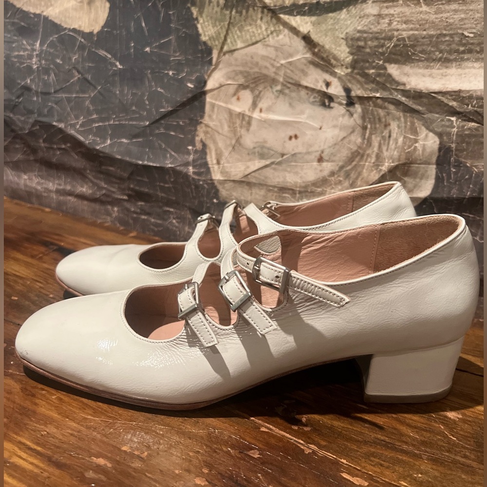 Beige patent leather handmade Mary Jane’s